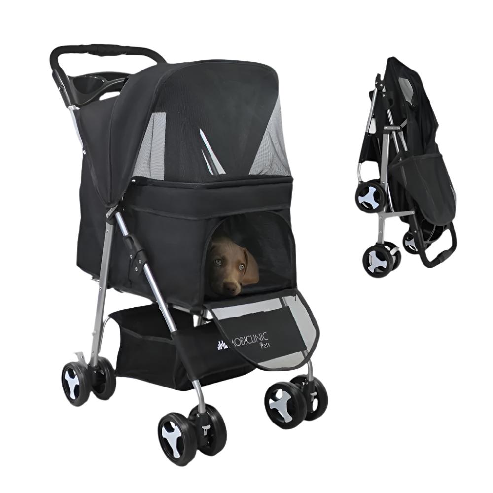 Dog stroller Foldable Wheels with brake and 360 3 accesses With awning Storage basket and cup holder Black Zuma Mobiclinic