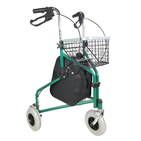 Three wheeled rollator | Folding rollator | Fully height adjustable handles | Cable Brakes | Supplied with carry basket and bag | Easy storage and transportation | Maximum user weight: 100 kg | Green | Model: Caleta | Mobiclinic