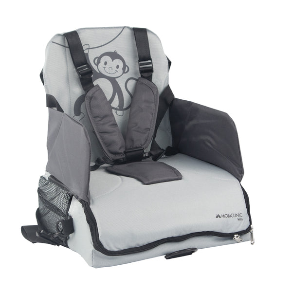 Travel highchair with storage | For babies | Foldable | With pocket and handle | Up to 15 kg | Gray | Monkey | Mobiclinic