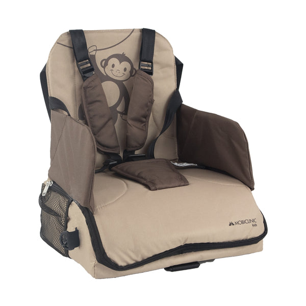 Travel highchair with storage| For babies | Foldable | With pocket and handle | Up to 15 kg | Beige | Monkey | Mobiclinic