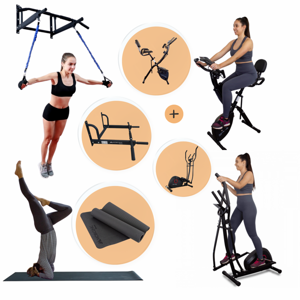 Mini gym pack at home | Yoga mat | Pull-up bar for the wall | Exercise bike | Elliptical | Mobiclinic