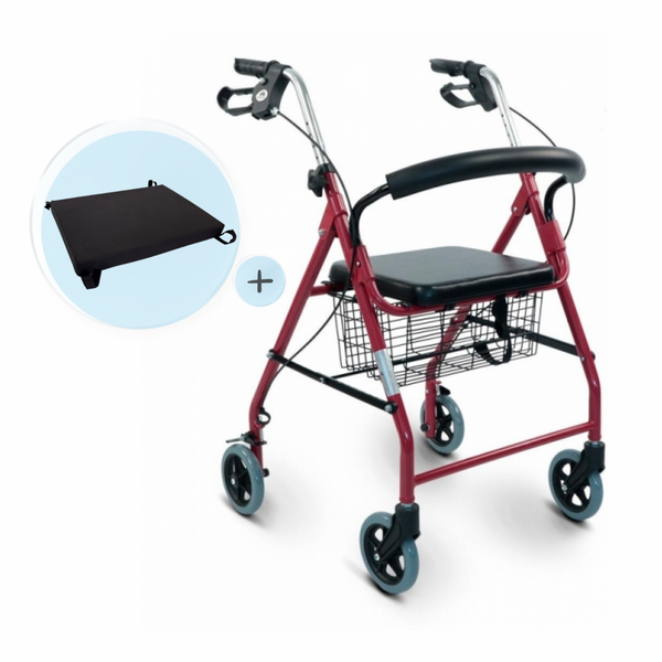 Pack Alhambra Plus | Aluminum walker | Bordeaux | Foldable | Anti-decubitus cushion | Viscoelastic | Mobiclinic