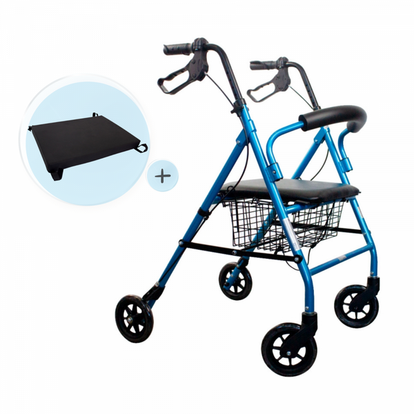 Pack Escorial Plus | Folding walker | Blue | Aluminum | Brakes on levers | Anti-decubitus cushion | Viscoelastic | Mobiclinic
