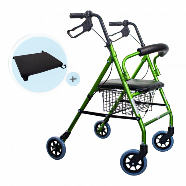 Pack Escorial Plus | Folding walker | Green | Aluminum | Brakes on levers | Anti-decubitus cushion | Viscoelastic | Mobiclinic