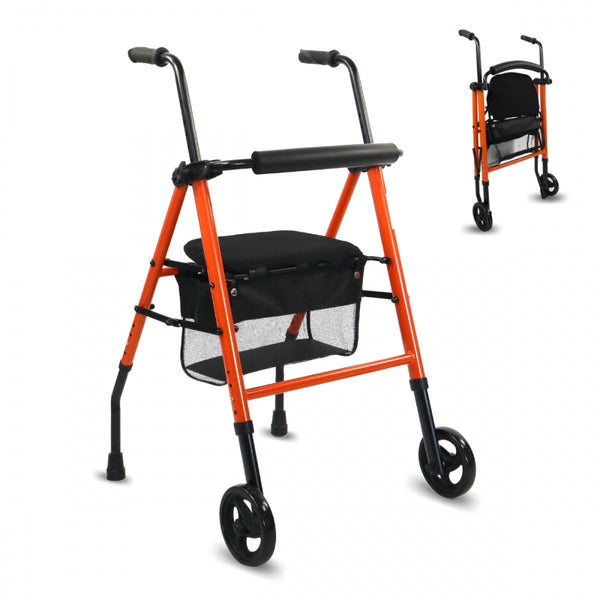 Walker with 2 Wheels | Foldable and Adjustable | Basket and Seat | Steel | Orange | Model: Nerón | Mobiclinic