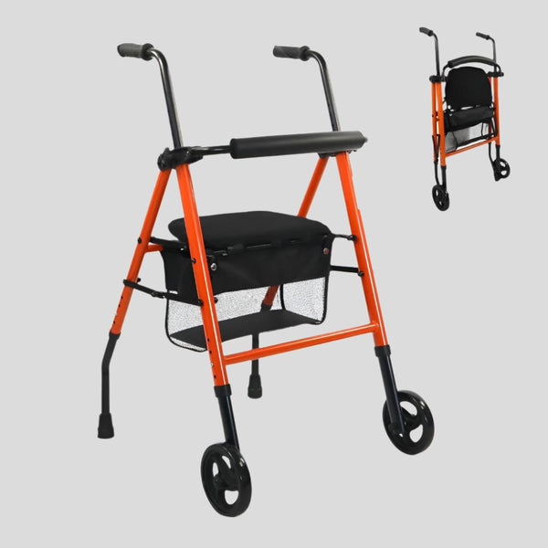 Walker with 2 Wheels | Foldable and Adjustable | Basket and Seat | Steel | Orange | Model: Nerón | Mobiclinic