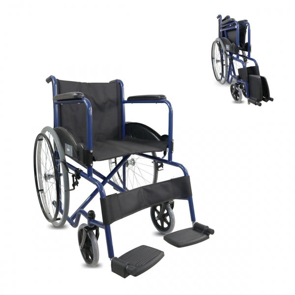Wheelchair | Foldable | Large Wheels | Resistant | Fixed Arm and Footrests | Blue | Model: Alcazaba | Mobiclinic