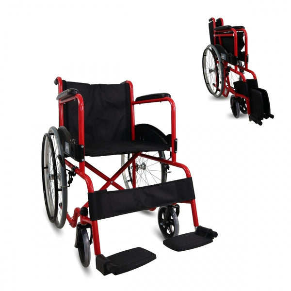 Wheelchair | Foldable | Large Wheels | Resistant | Fixed Arm and Footrests | Red | Model: Alcazaba | Mobiclinic