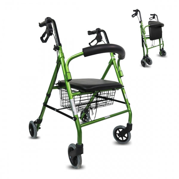 Walker with 4 Wheels | Ultralight Aluminium | Foldable with Brakes | Seat and Backrest | Green | Escorial | Mobiclinic
