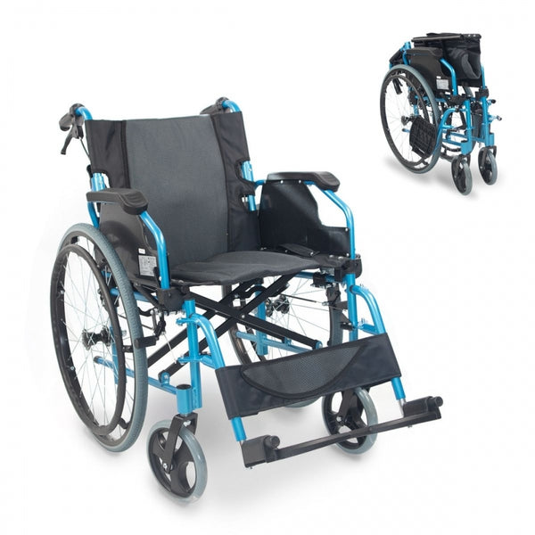 Folding wheelchair | Aluminum | Split backrest | Folding armrests | Blue | Bolonia | Mobiclinic