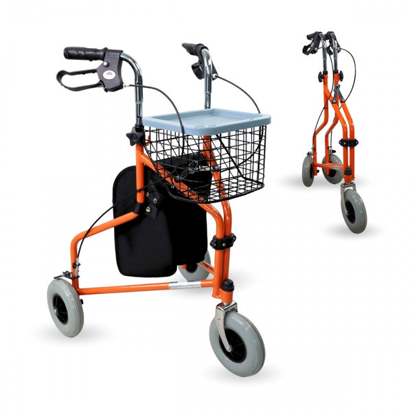 Mobiclinic Walker for Seniors, Foldable, Brakes on the Handles, 3 Wheels, Basket, Orange, Caleta