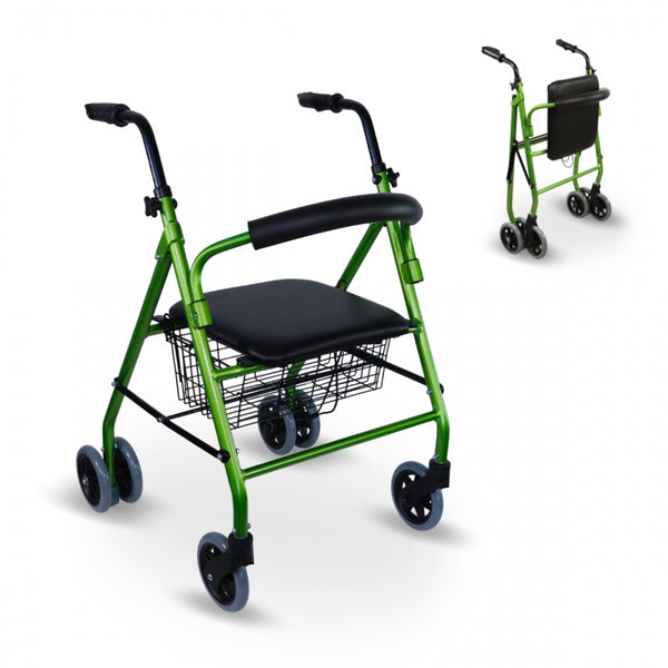 Folding walker | Seat and backrest | Aluminium | Basket | For seniors | Green | Model Prado | Mobiclinic