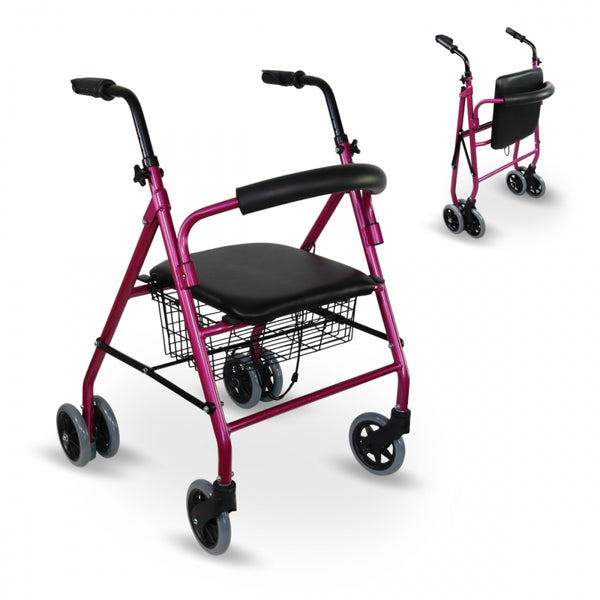 Folding walker | Seat and Backrest | Aluminium | Basket | For seniors | Pink | Prado | MOBICLINIC