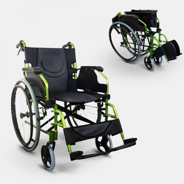 Folding wheelchair | Aluminum | Split backrest | Folding armrests | Green | Bolonia | Mobiclinic