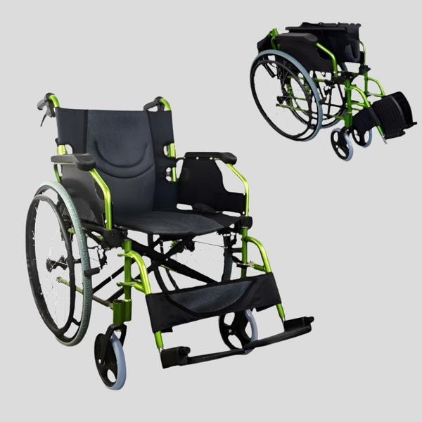 Folding wheelchair | Aluminum | Split backrest | Folding armrests | Green | Bolonia | Mobiclinic