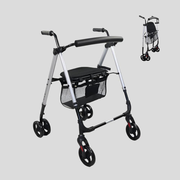 Walker with 4 Wheels and Pressure Brakes | Foldable and Adjustable | Basket and Seat | Blue | Dehesa | Mobiclinic