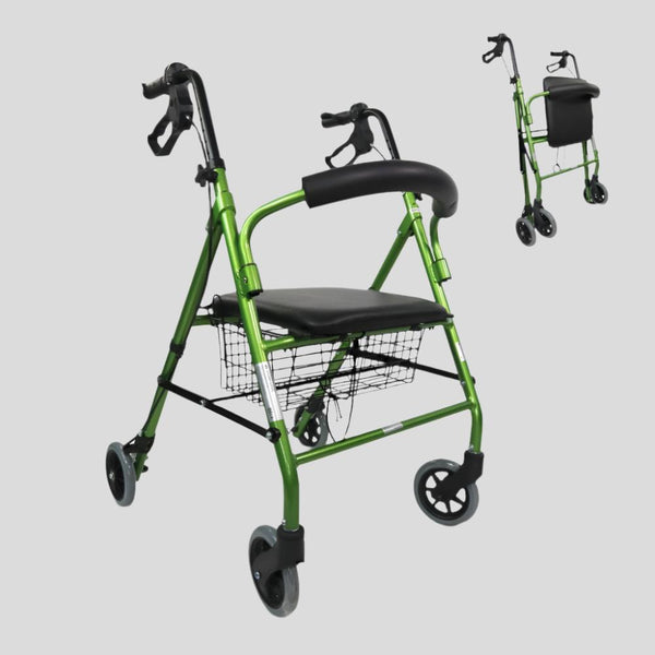 Pack Escorial Plus | Folding walker | Green | Aluminum | Brakes on levers | Anti-decubitus cushion | Viscoelastic | Mobiclinic