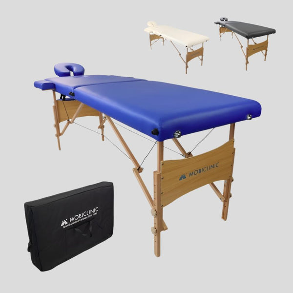 Foldable Massage Table | Headrest | Portable | Wood | 186x60cm | Blue | Leather Upholstery | Model: CM-01 | Mobiclinic