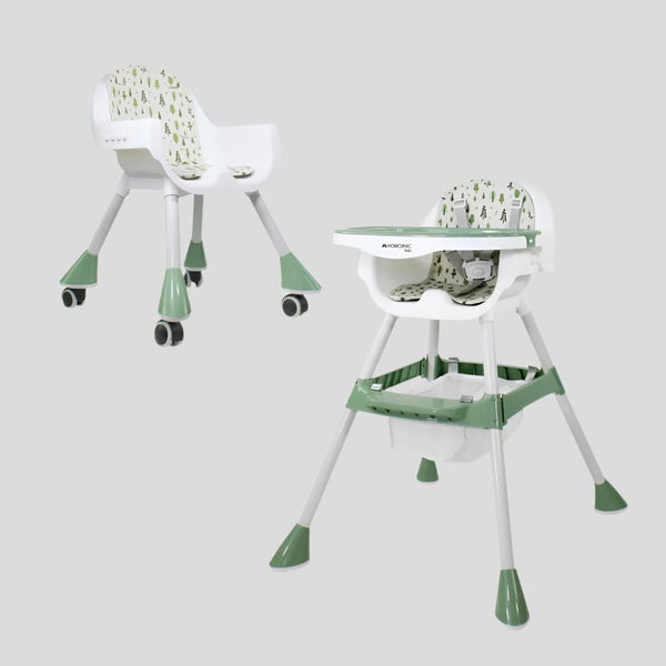 2 in 1 high chair |360º wheels |Adjustable 2 heights |Max 35kg |Tray and storage| Evolutive| White green |Forest |Mobiclinic