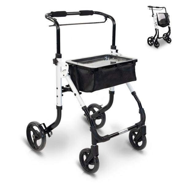 Aluminum folding walker | Single lever handle | With bag and tray | 4 Wheels | Light | White | Olimpo | Mobiclinic