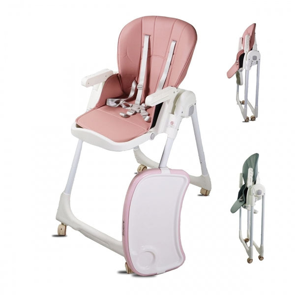 High chair with wheels | Evolutive | Adjustable height | Foldable | Removable tray | Support harness | Pink | Simba | Mobiclinic