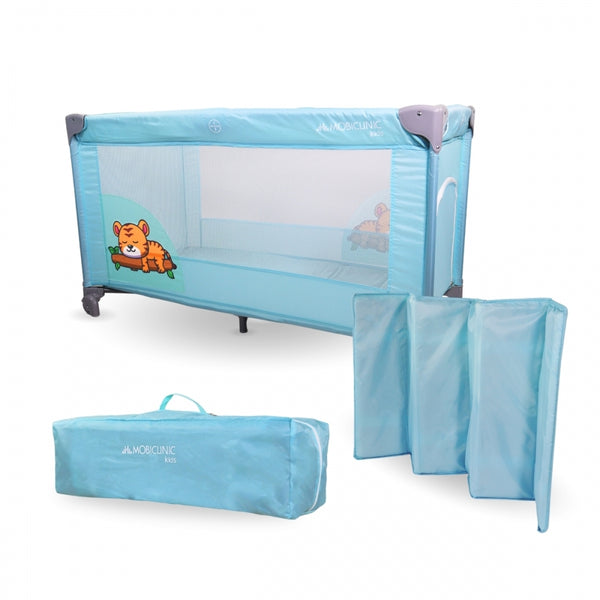 Travel Crib with Wheels | Portable | Foldable | Durable | Breathable Fabric | Carry Bag | Blue | Mofli |Mobiclinic