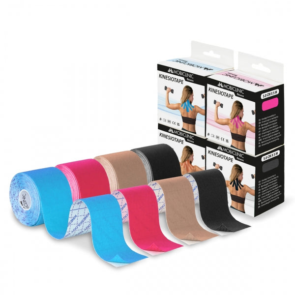 Pack of 4 Kinesiotape | Pink, Blue, Black and Beige | Waterproof | Neuromuscular bandage | 5mx5cm | Mobitape | Mobiclinic