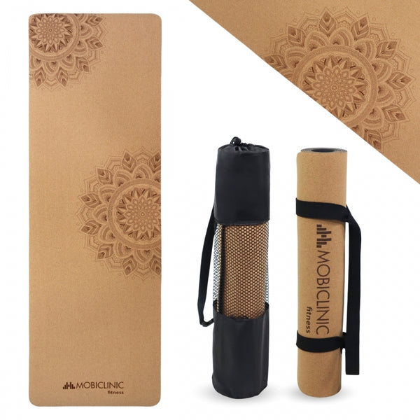 Natural Cork Mat | Recyclable TPE | Eco-Friendly | Antimicrobial | Non-Slip | Balanced Cushioning | Mandala Design | Includes Carry Bag | 183x61 cm