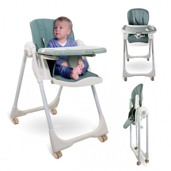 Highchair with wheels | Evolutive | Adjustable height | Foldable | Removable tray | Support harness | Green | Simba | Mobiclinic