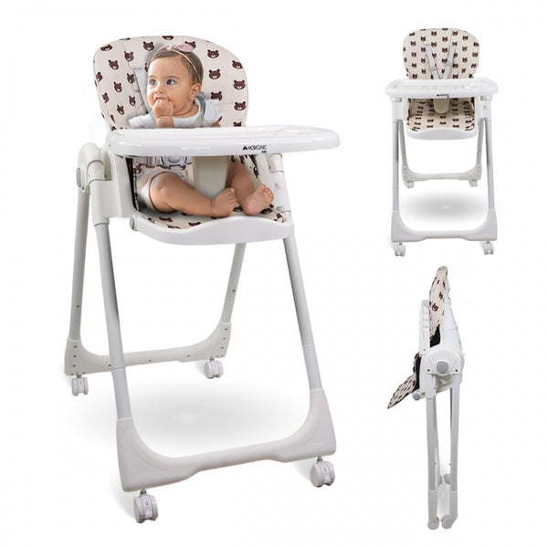 Highchair with wheels | Evolutionary | Adjustable height | Foldable | Removable tray | Harness | Bear | Simba | Mobiclinic