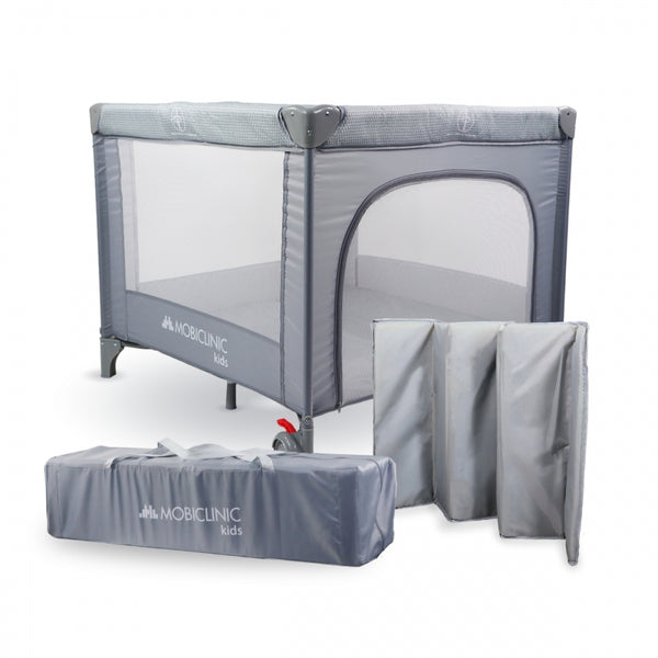 Playpen and crib | Foldable | Portable | Carry bag | Wheels with brake | Sleepland | Grey | Mobiclinic