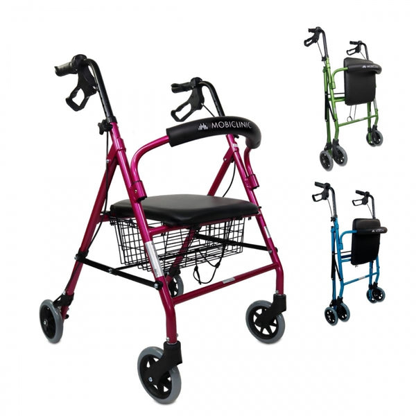 Walker with 4 Wheels | Ultralight Aluminium | Foldable with Brakes | Seat and Backrest | Pink |Model: Escorial | Mobiclinic