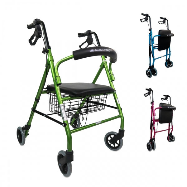 Walker with 4 Wheels | Ultralight Aluminium | Foldable with Brakes | Seat and Backrest | Green | Escorial | Mobiclinic