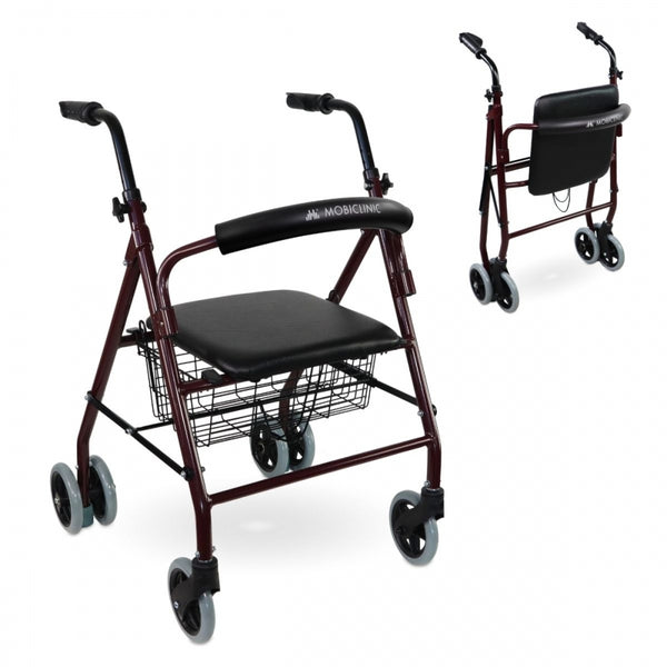 Mobiclinic | Rollator Prado | Ultralight Aluminium Walker| Padded Seat and Shopping Basket | Ruby | TOP Sales