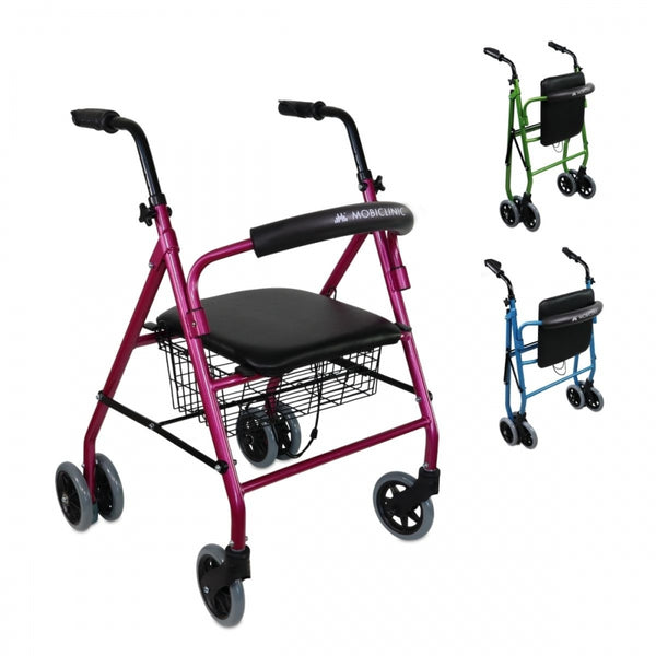 Folding walker | Seat and Backrest | Aluminium | Basket | For seniors | Pink | Prado | MOBICLINIC