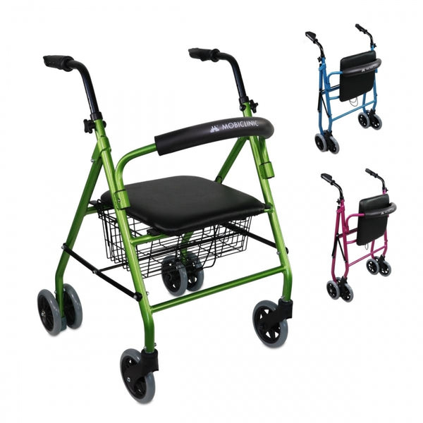 Folding walker | Seat and backrest | Aluminium | Basket | For seniors | Green | Model Prado | Mobiclinic