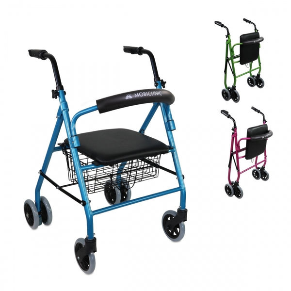 Folding walker | Seat and backrest | Aluminium | Basket | For seniors | Blue | Model Prado | Mobiclinic