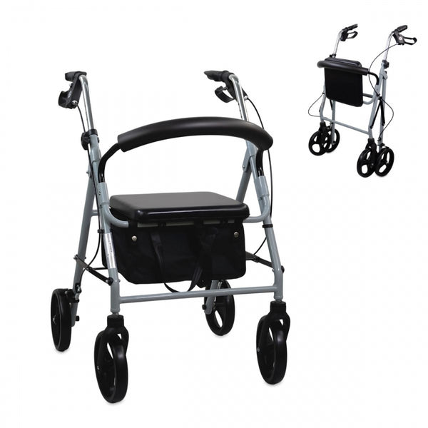 Rollator with wheels | Foldable | Aluminum | Brakes on levers | Seat and backrest | Gray | Sofía | Mobiclinic