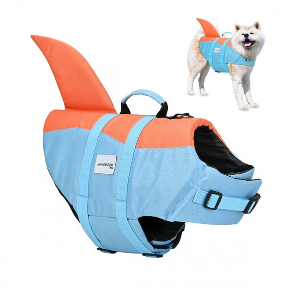 Dog Life Jacket | Adjustable Harness | Ring Leash | Handle | Lightweight | Decorative Fin | Sharky | L | Mobiclinic