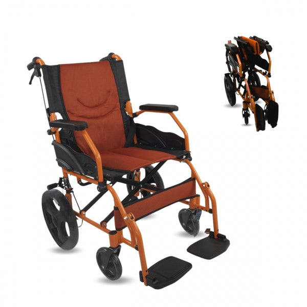Wheelchair | Foldable | Aluminum | Breaks | Footrests | Armrest | Orange | Pyramid | Mobiclinic