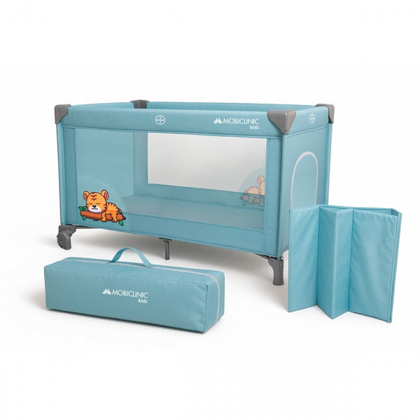 Travel Crib with Wheels | Portable | Foldable | Durable | Breathable Fabric | Carry Bag | Blue | Mofli |Mobiclinic