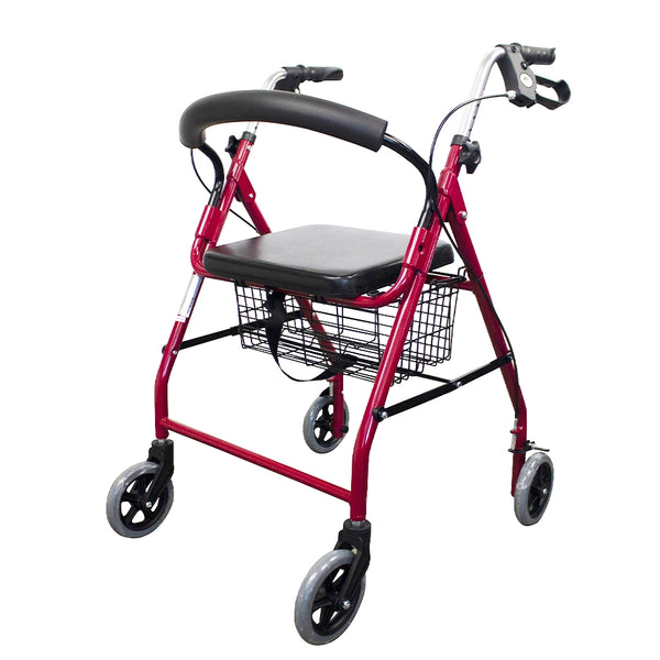 Mobiclinic Walker with 4 Wheels | Foldable and Height-Adjustable | Basket and Padded Seat | Burgundy | Alhambra