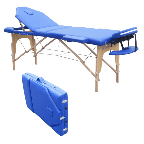 Folding stretcher | Wood | Headrest | Portable | 186 x 60 cm | Massage | Blue | CM-01 PLUS | Mobiclinic