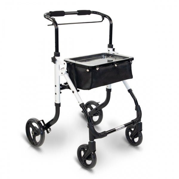 Aluminum folding walker | Single lever handle | With bag and tray | 4 Wheels | Light | White | Olimpo | Mobiclinic