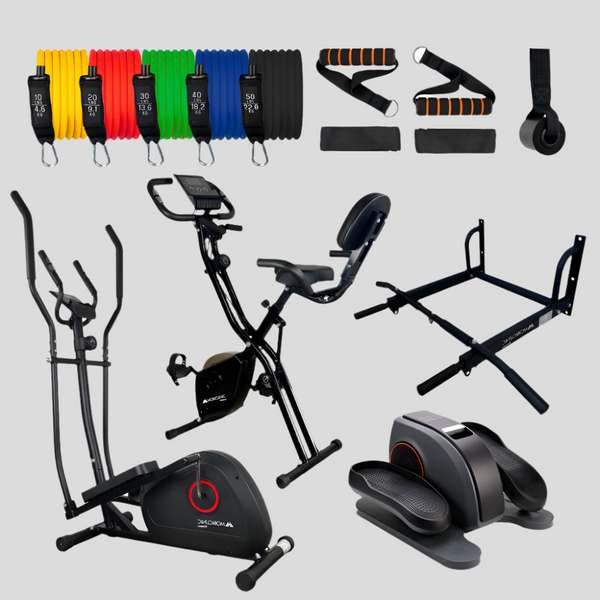 Pack Fitness de Gimnasio en Casa| Tubos elásticos | Pedalier | Barra dominadas | Bicicleta estática | Elíptica | Mobiclinic